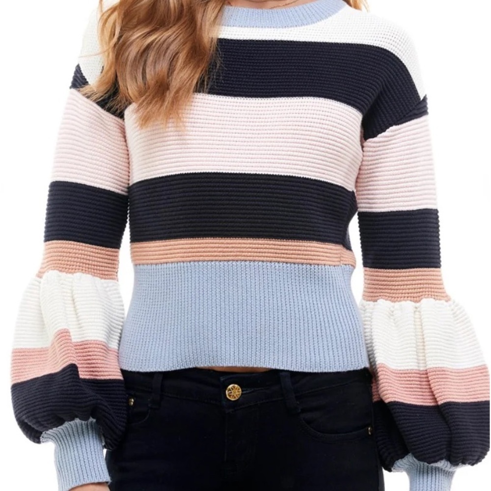 TCEC Chunky Striped Bubble Sleeve Navy Blue Pink Sweater Medium